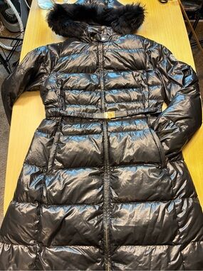 Tory Burch Glossy Black Long Belted Down Puffer Coat with Shearling Hood Trim 8